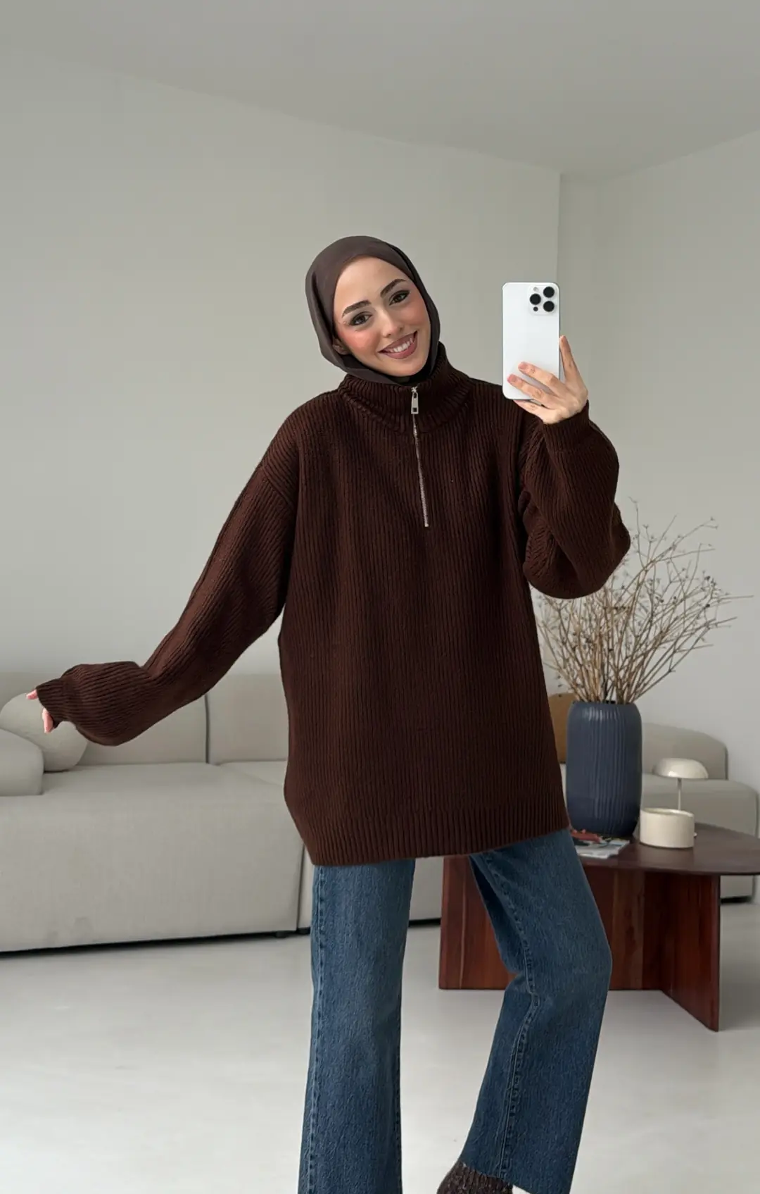 Yarım Zip Triko Kazak Kahve - Görsel 5