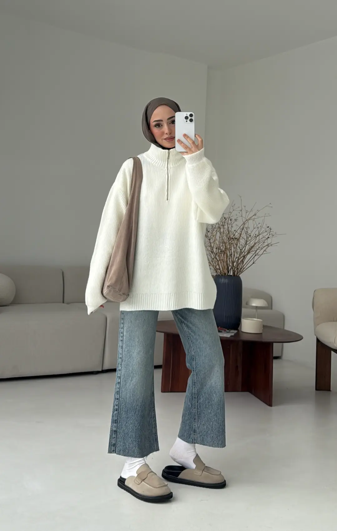 Yarım Zip Triko Kazak Kırık Beyaz - Görsel 2