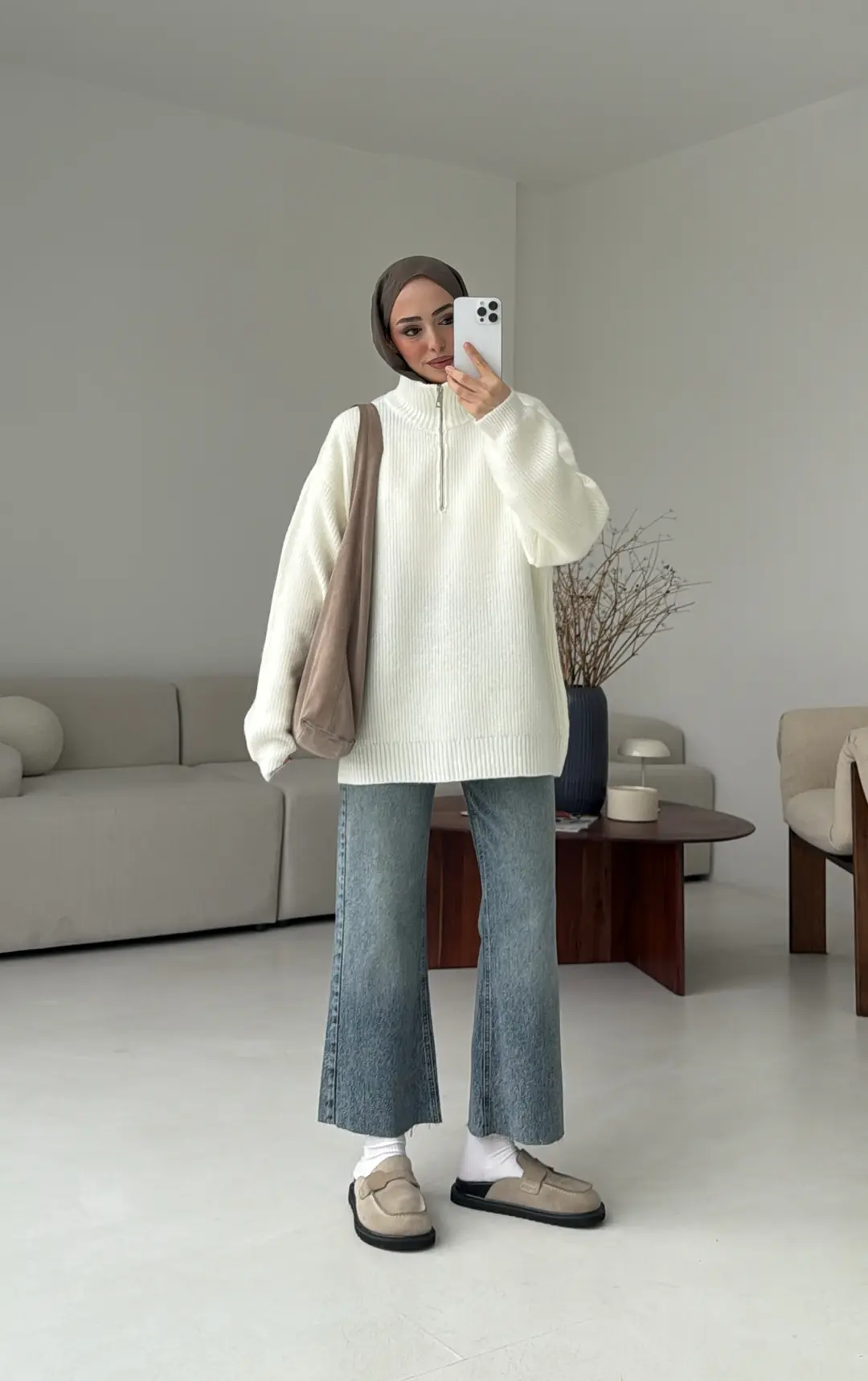 Yarım Zip Triko Kazak Kırık Beyaz - Görsel 3