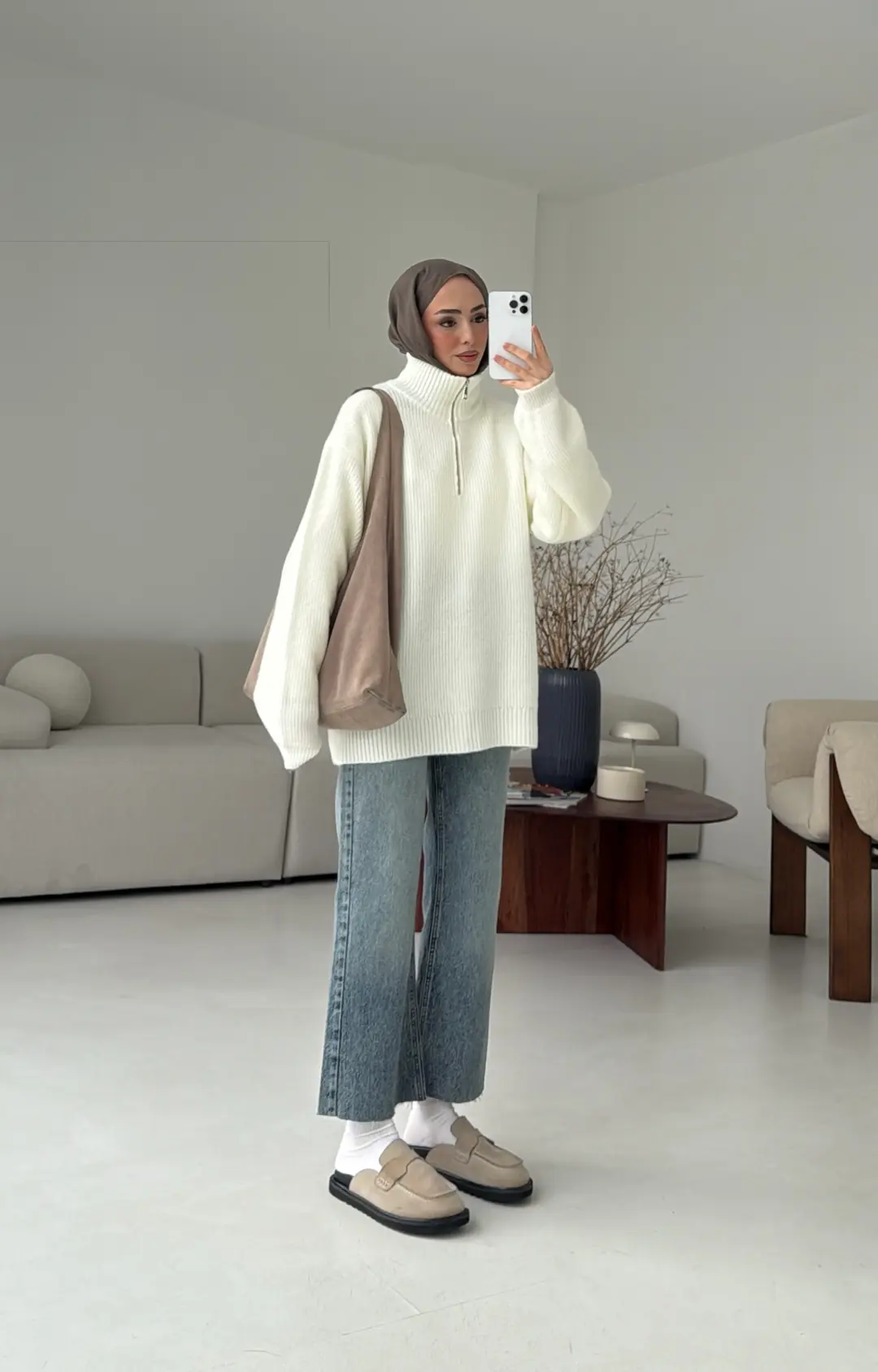 Yarım Zip Triko Kazak Kırık Beyaz - Görsel 4