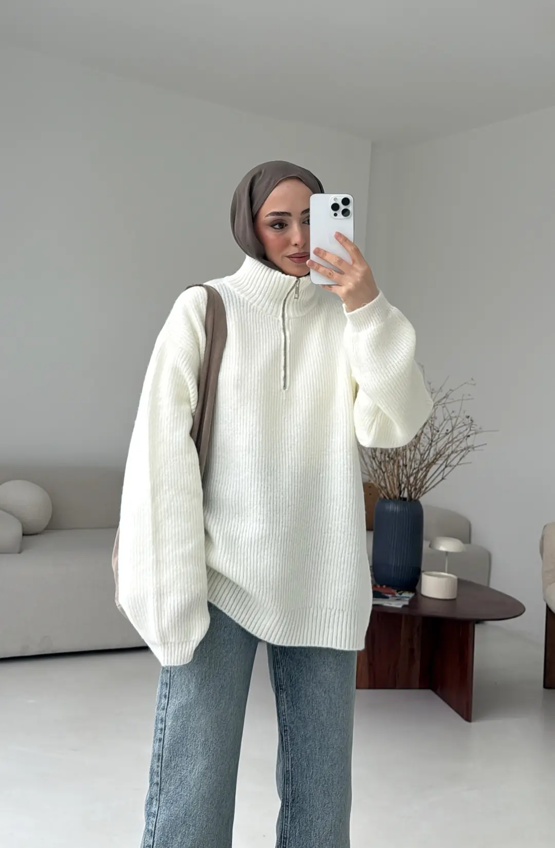 Yarım Zip Triko Kazak Kırık Beyaz - Görsel 5