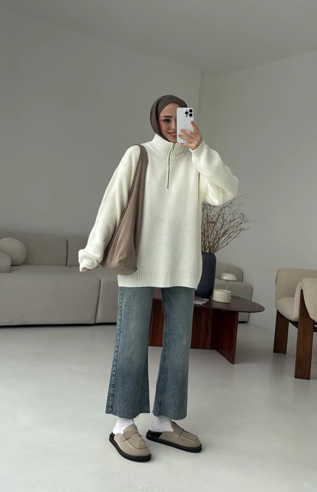 Yarım Zip Triko Kazak Kırık Beyaz - Görsel 6