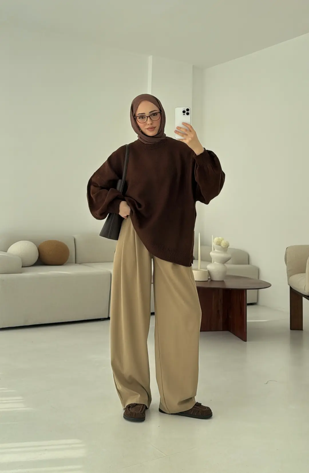 Yırtmaç Detay Balon Kol Kazak Kahve - Görsel 2