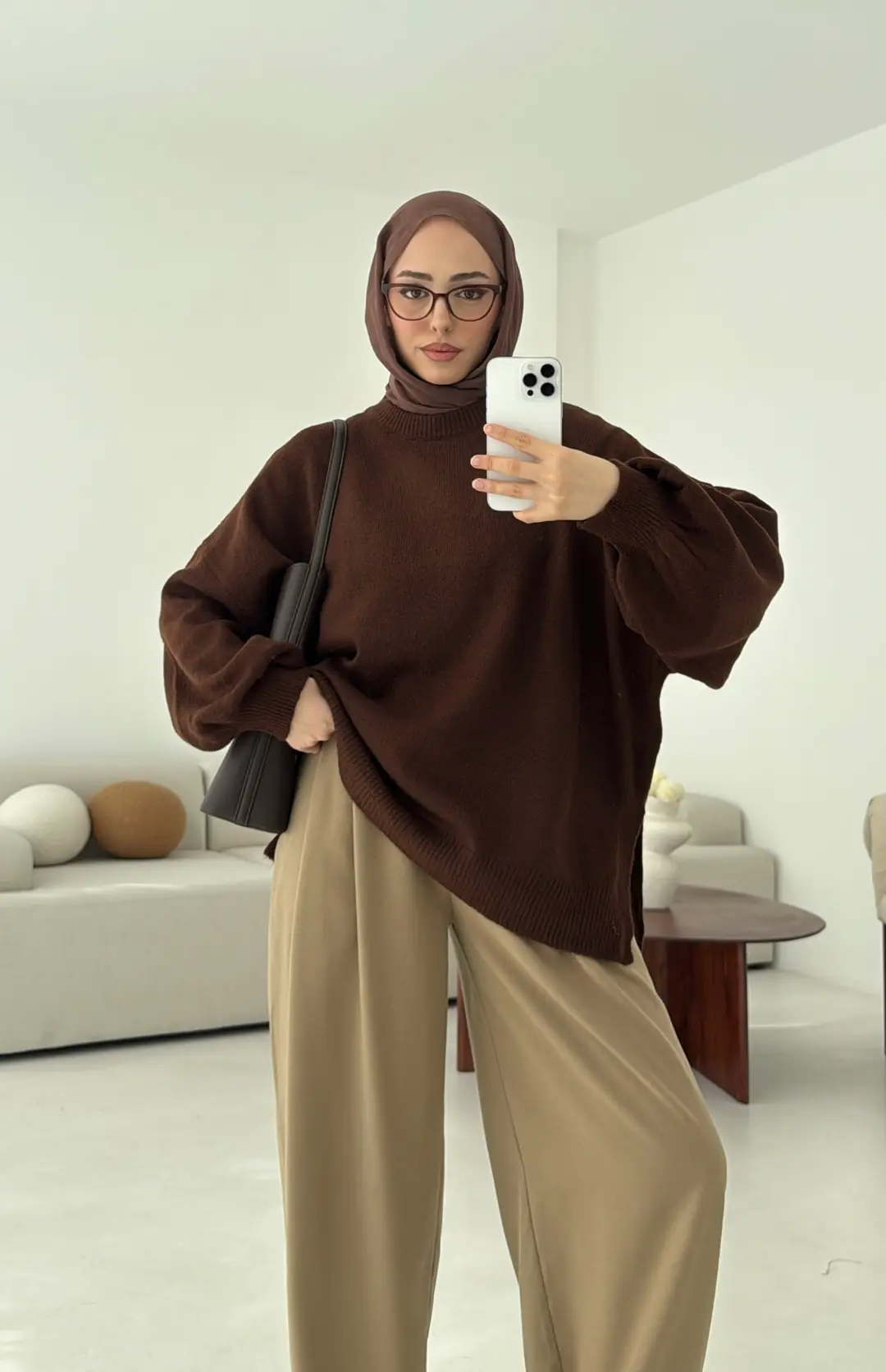 Yırtmaç Detay Balon Kol Kazak Kahve - Görsel 4