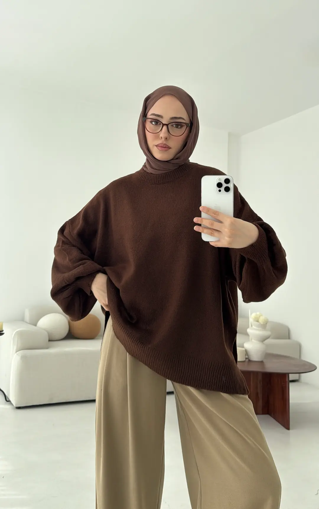 Yırtmaç Detay Balon Kol Kazak Kahve - Görsel 5