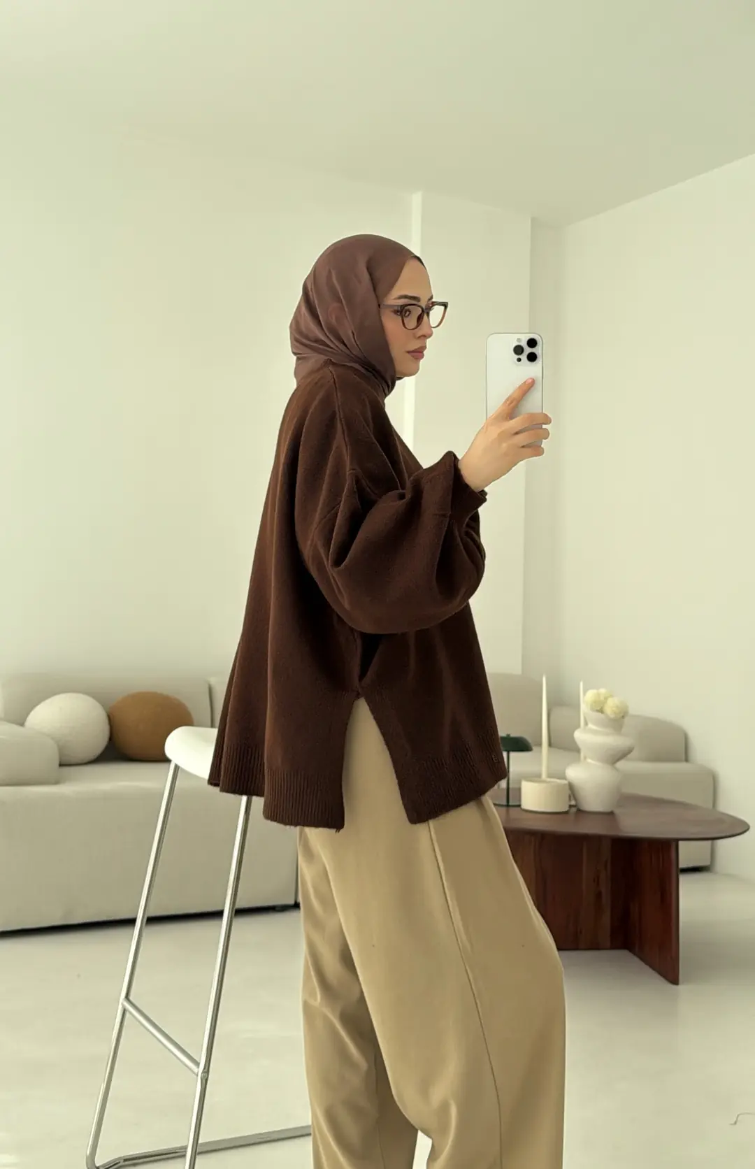 Yırtmaç Detay Balon Kol Kazak Kahve - Görsel 8