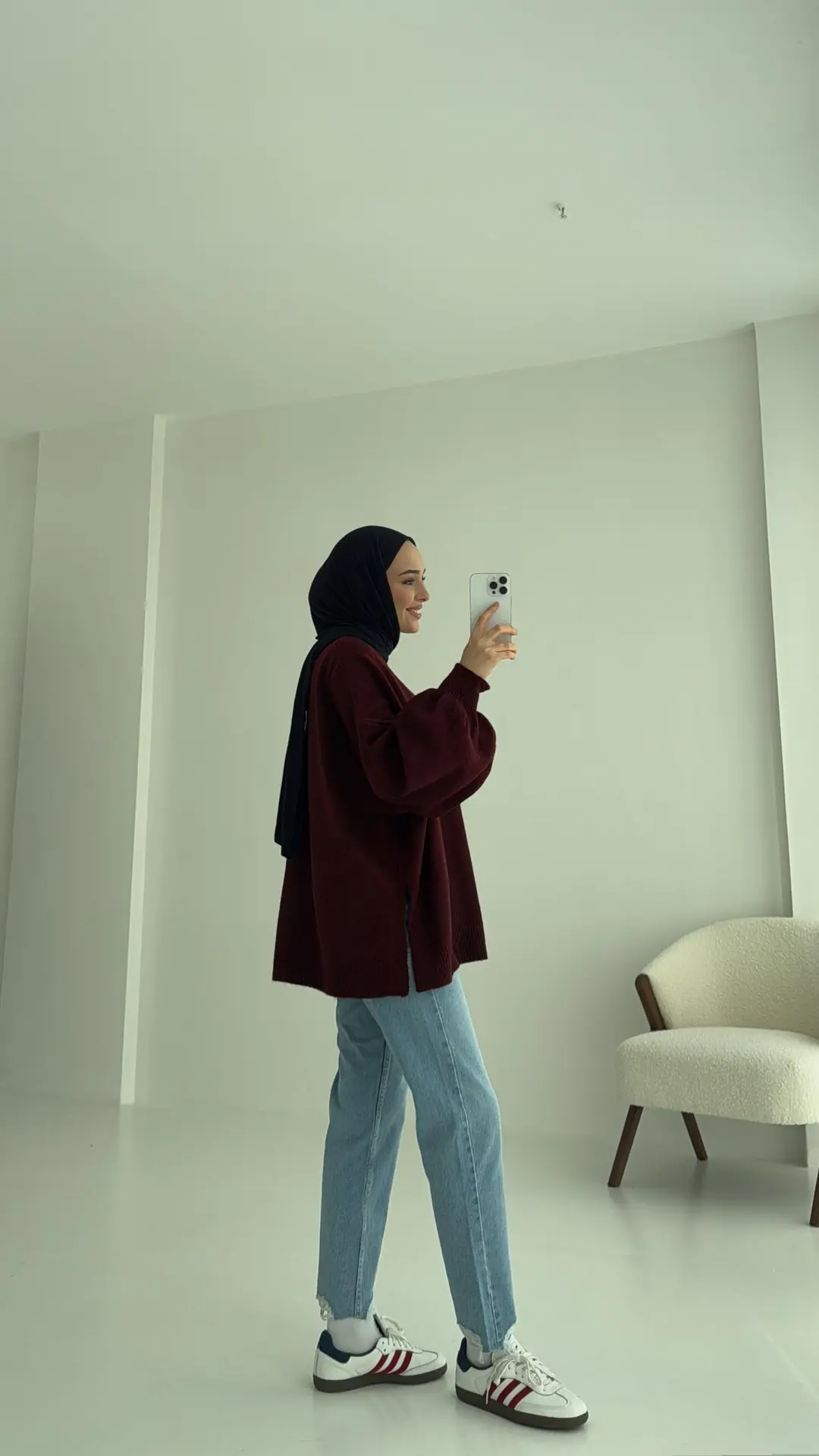 Yırtmaç Detay Balon Kol Triko Bordo - Görsel 2