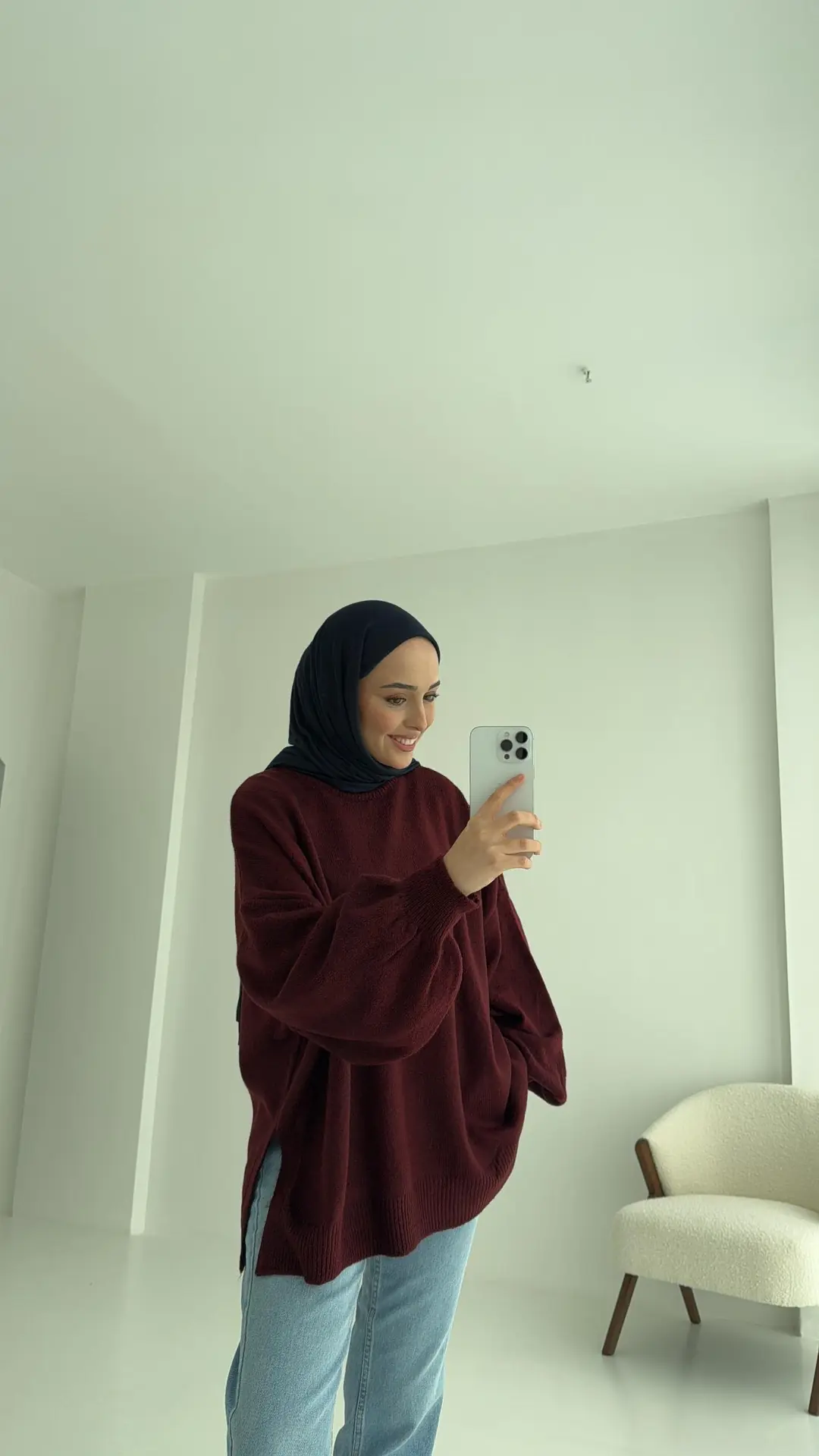 Yırtmaç Detay Balon Kol Triko Bordo - Görsel 3