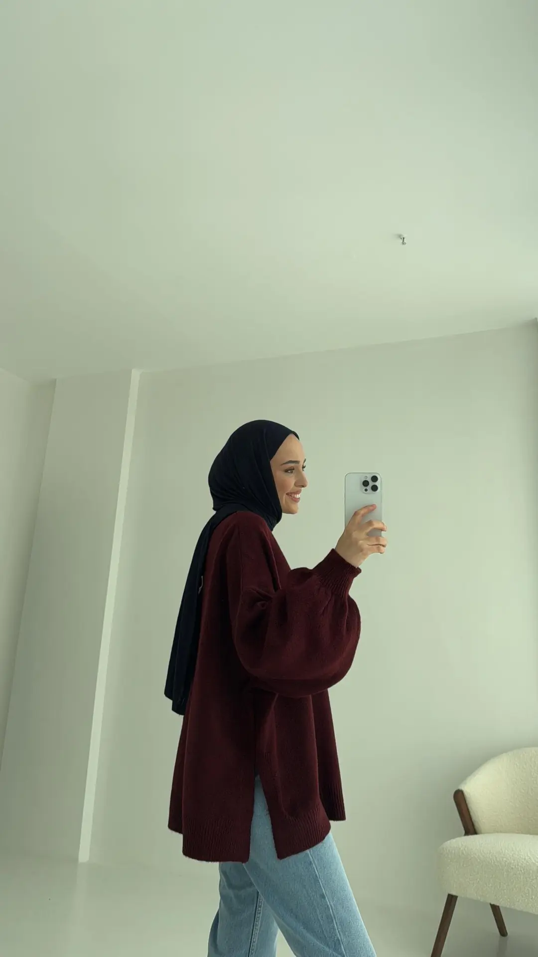 Yırtmaç Detay Balon Kol Triko Bordo - Görsel 4