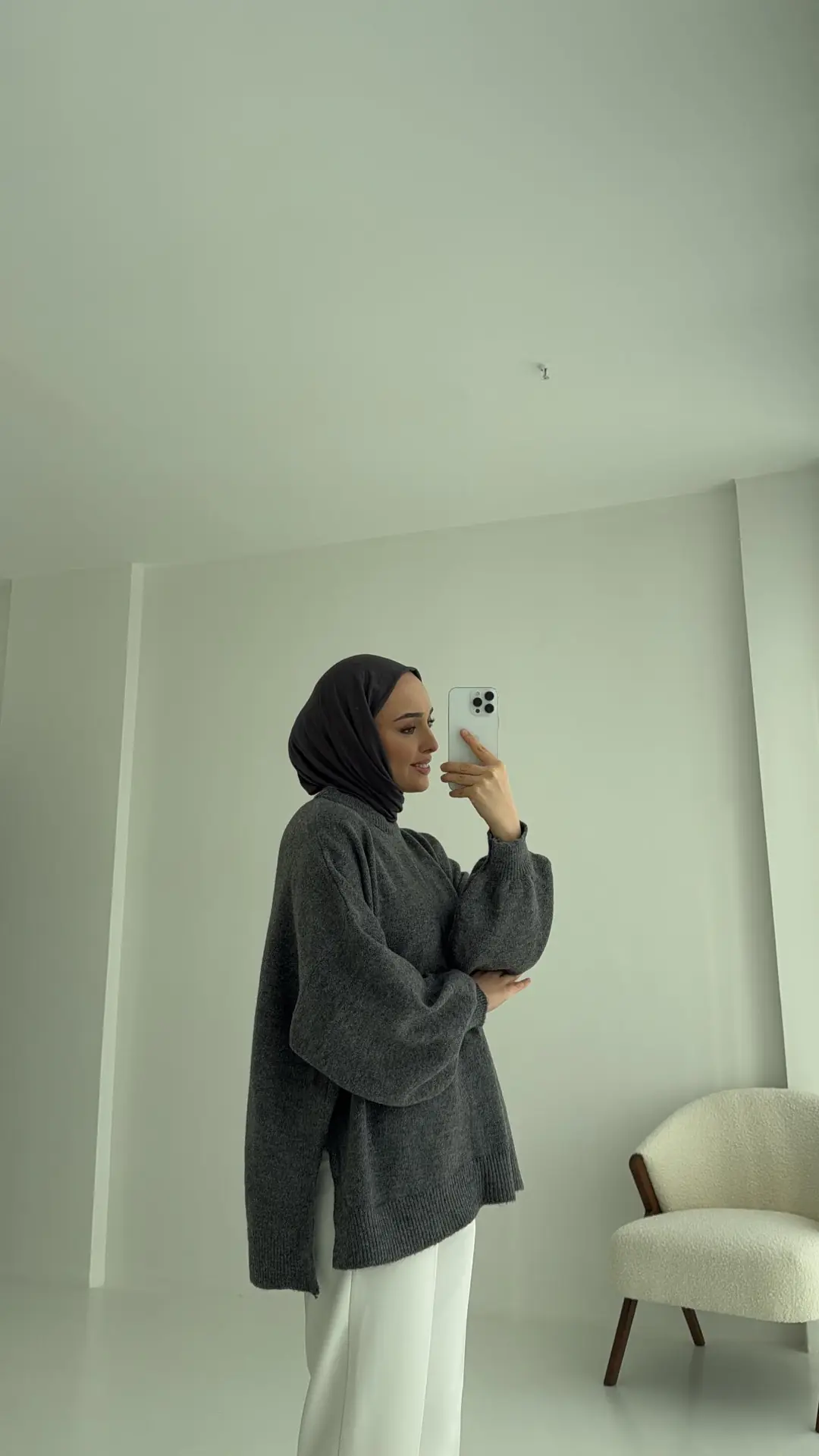 Yırtmaç Detay Balon Kol Triko Gri - Görsel 3