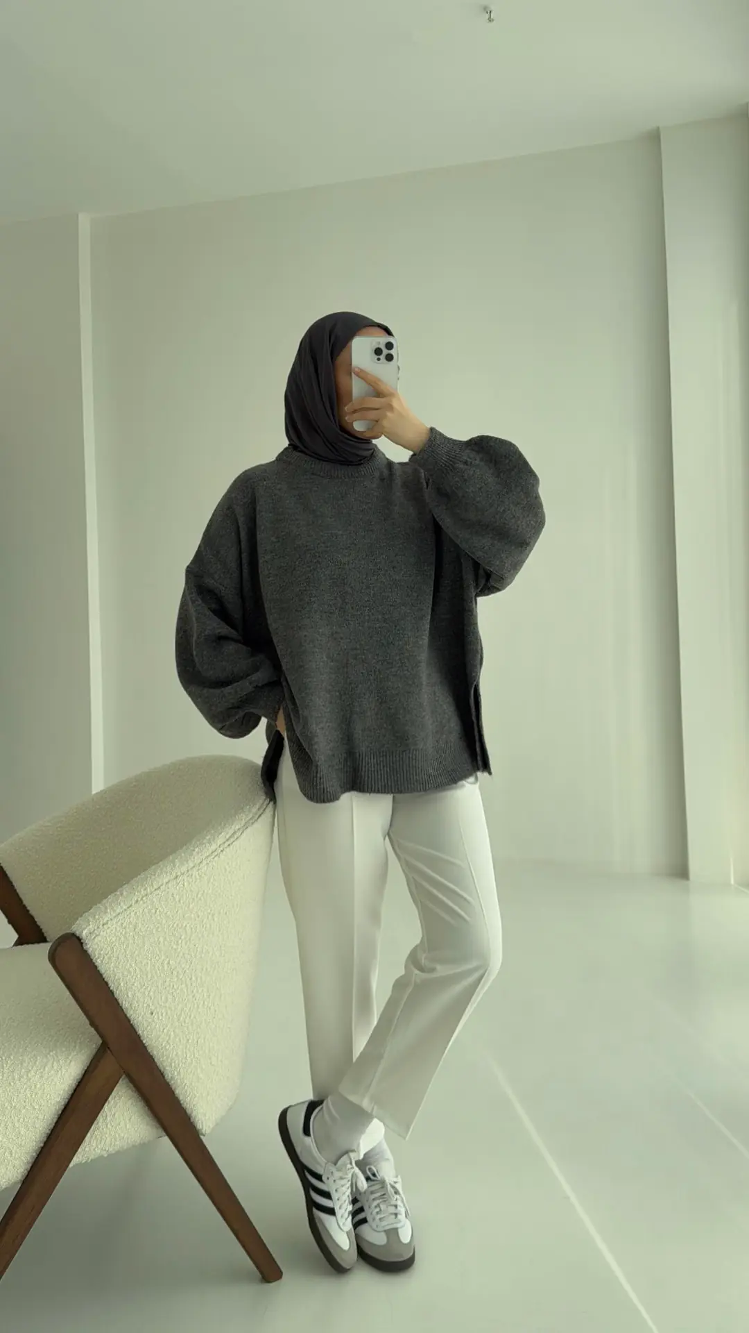 Yırtmaç Detay Balon Kol Triko Gri - Görsel 5