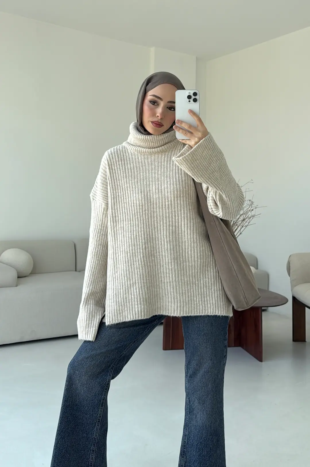 Yırtmaç Detay Flare Triko Kazak Bej