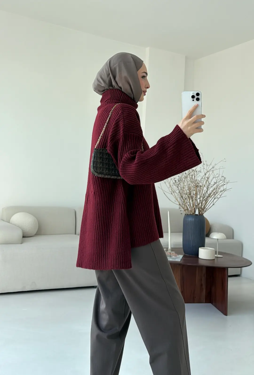 Yırtmaç Detay Flare Triko Kazak Bordo