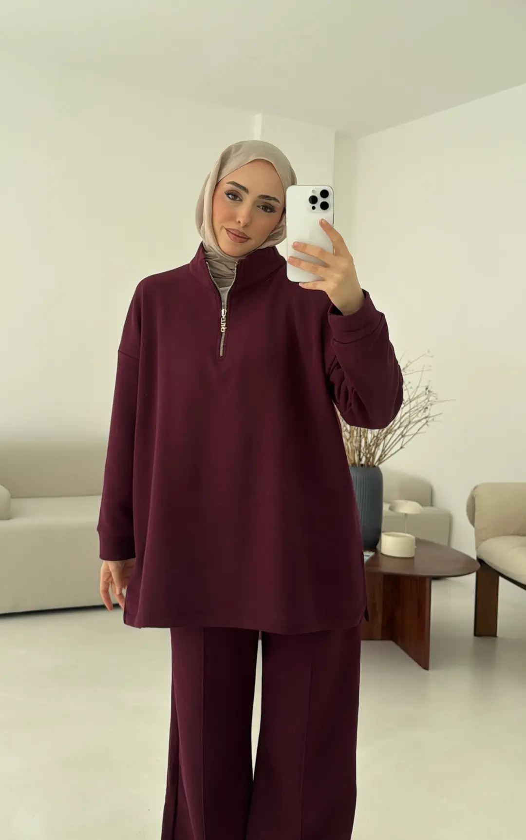 Yüksek Yaka Fermuarlı Takım Bordo - Görsel 4