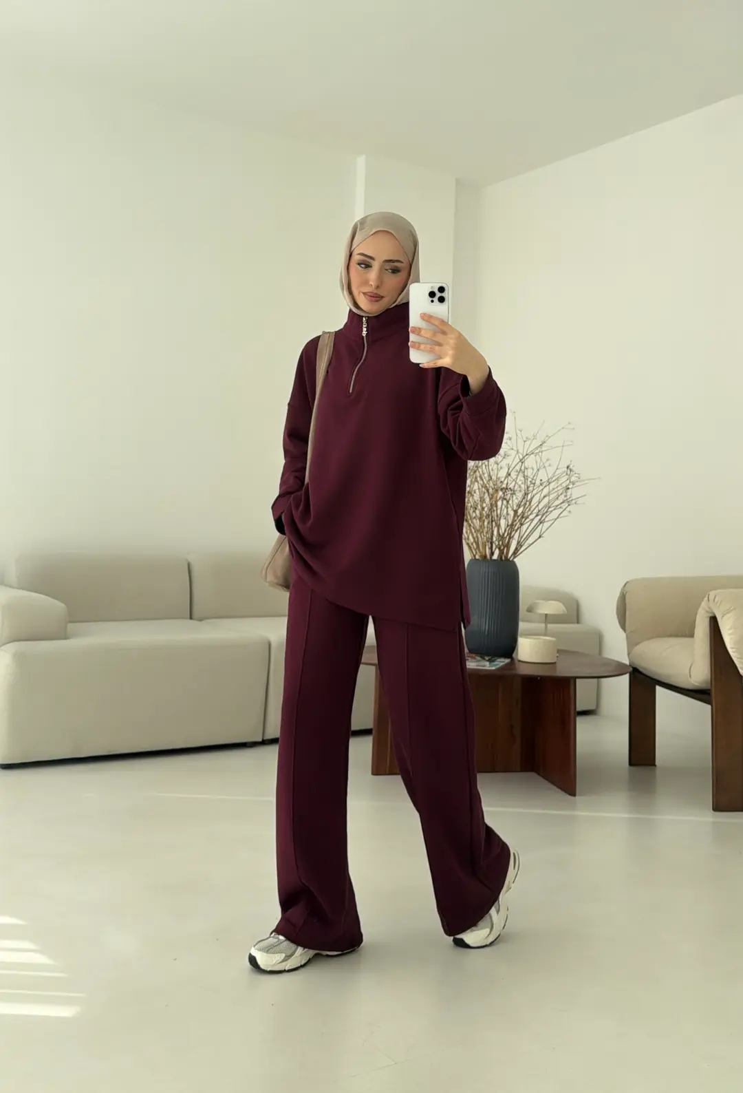 Yüksek Yaka Fermuarlı Takım Bordo - Görsel 5