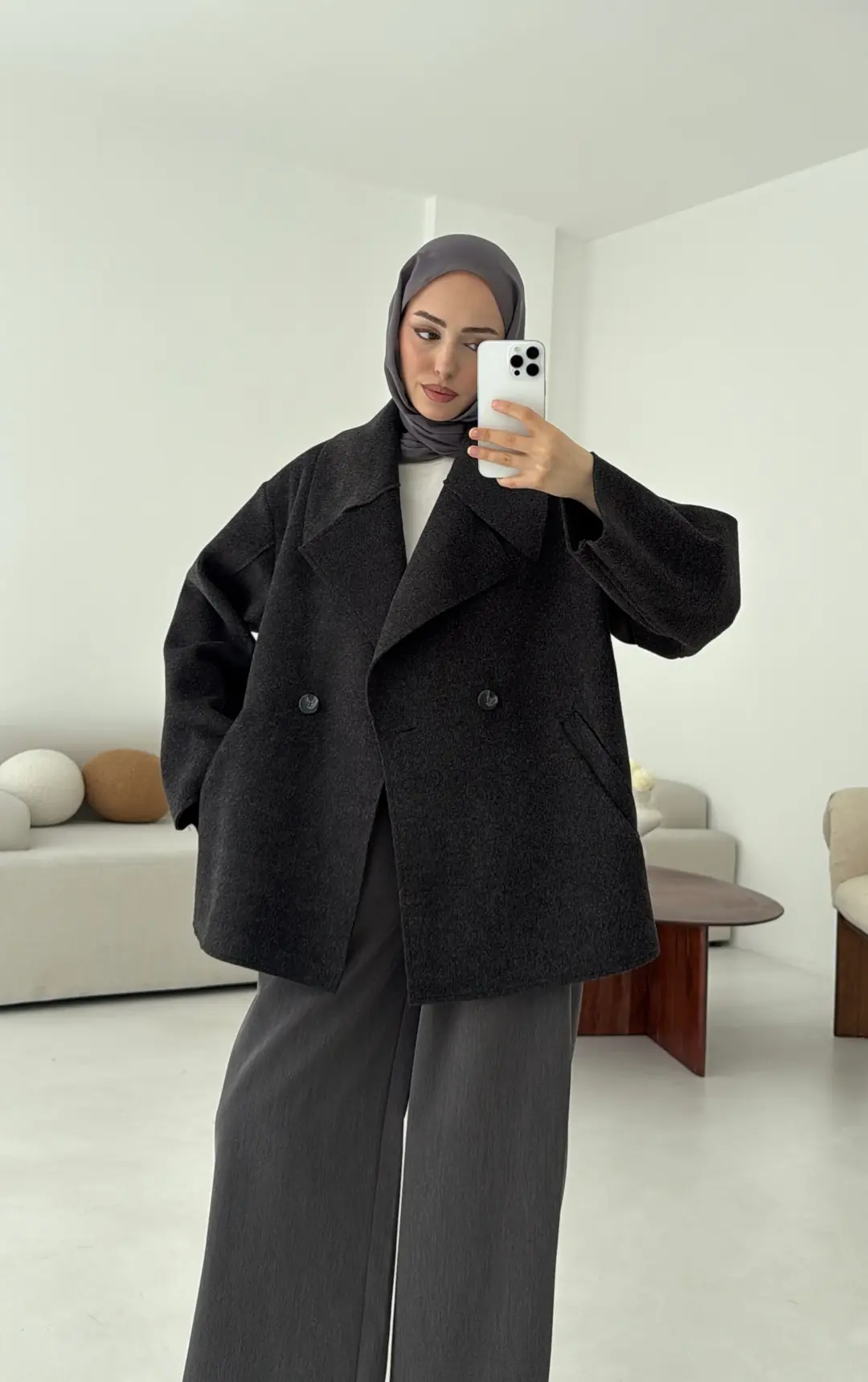 Yumuşak Şal Yaka Kaban Antrasit - Görsel 4