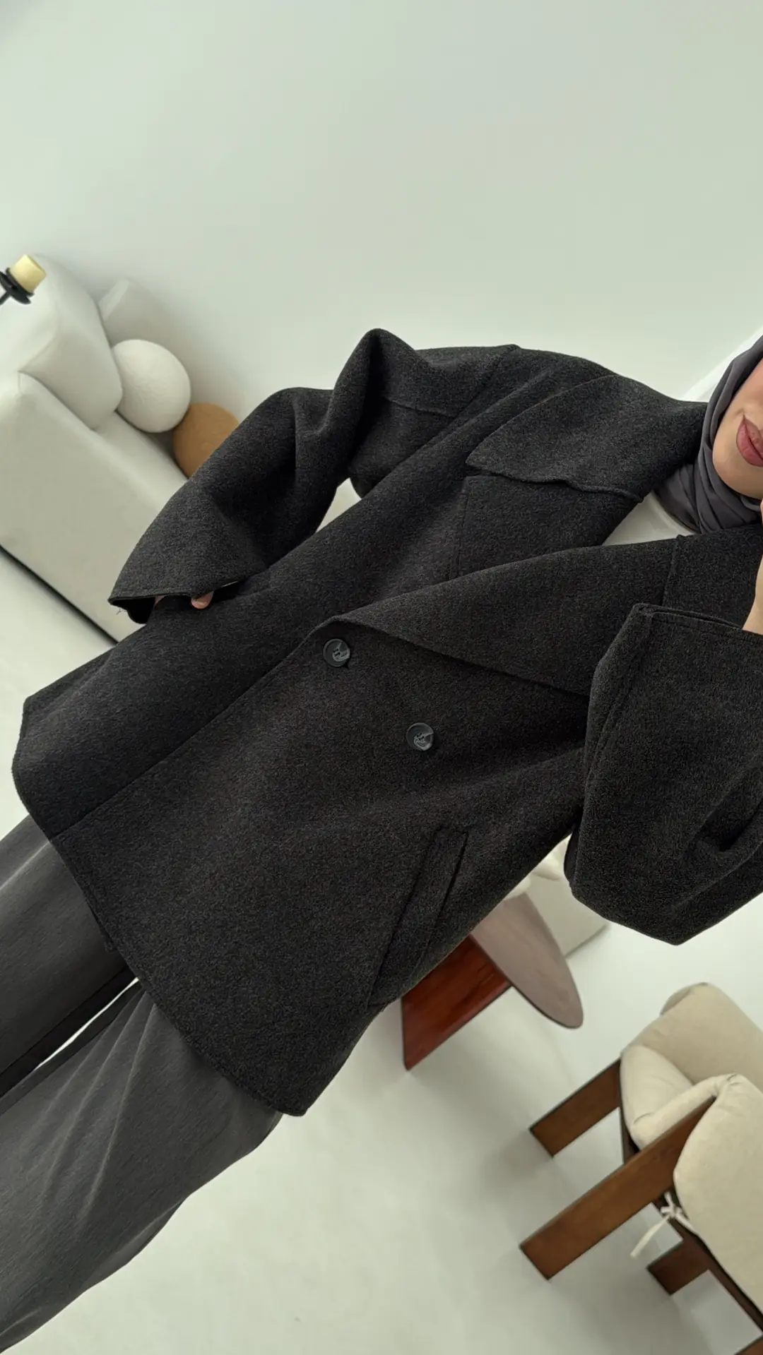 Yumuşak Şal Yaka Kaban Antrasit - Görsel 5