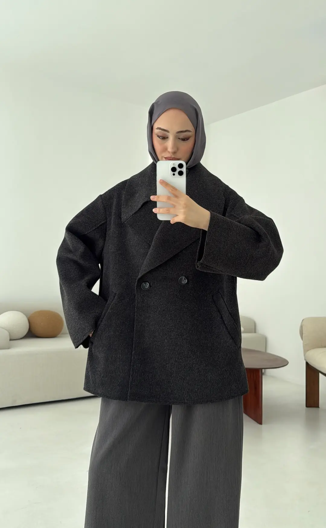 Yumuşak Şal Yaka Kaban Antrasit - Görsel 6