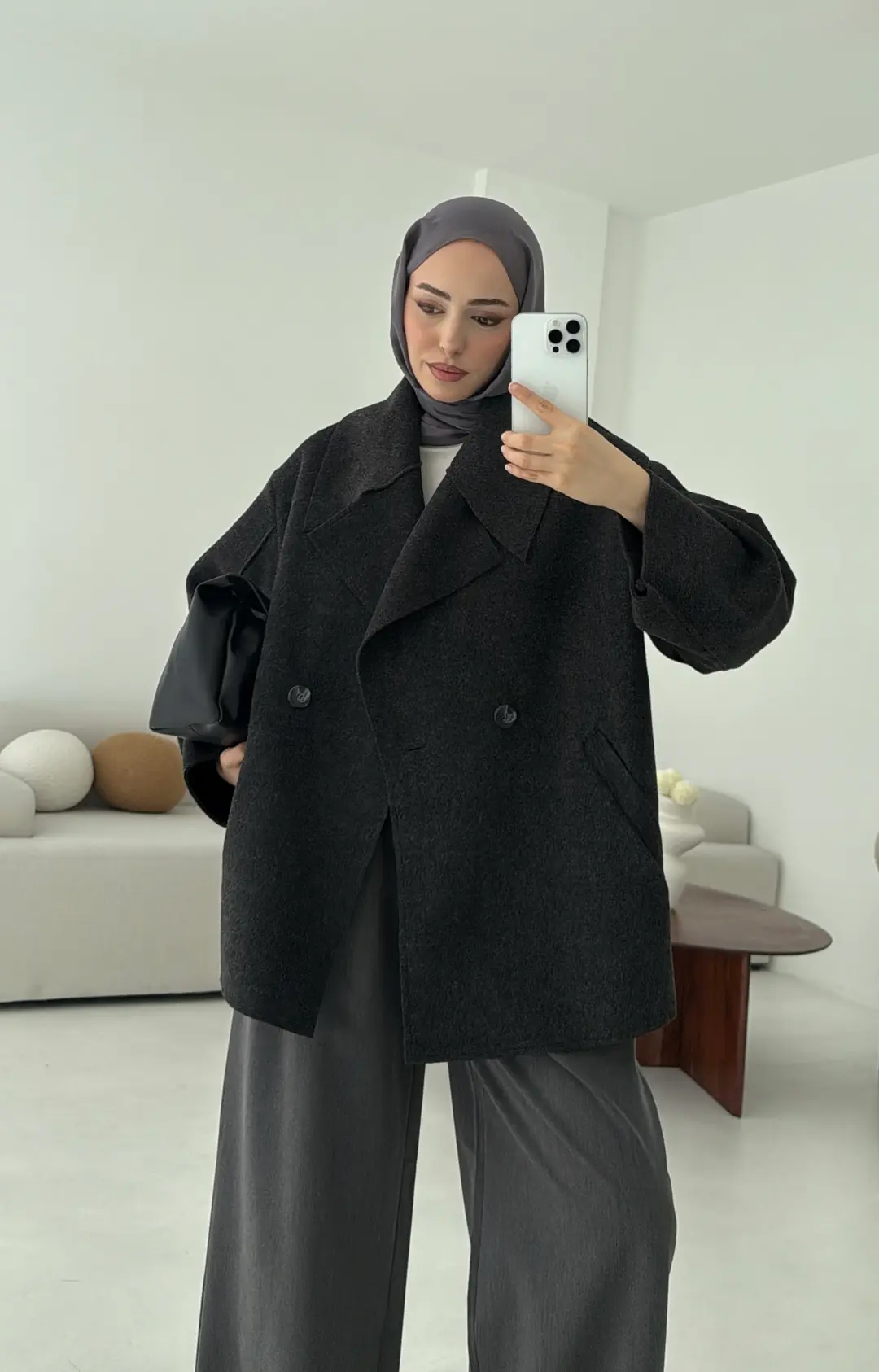 Yumuşak Şal Yaka Kaban Antrasit - Görsel 7