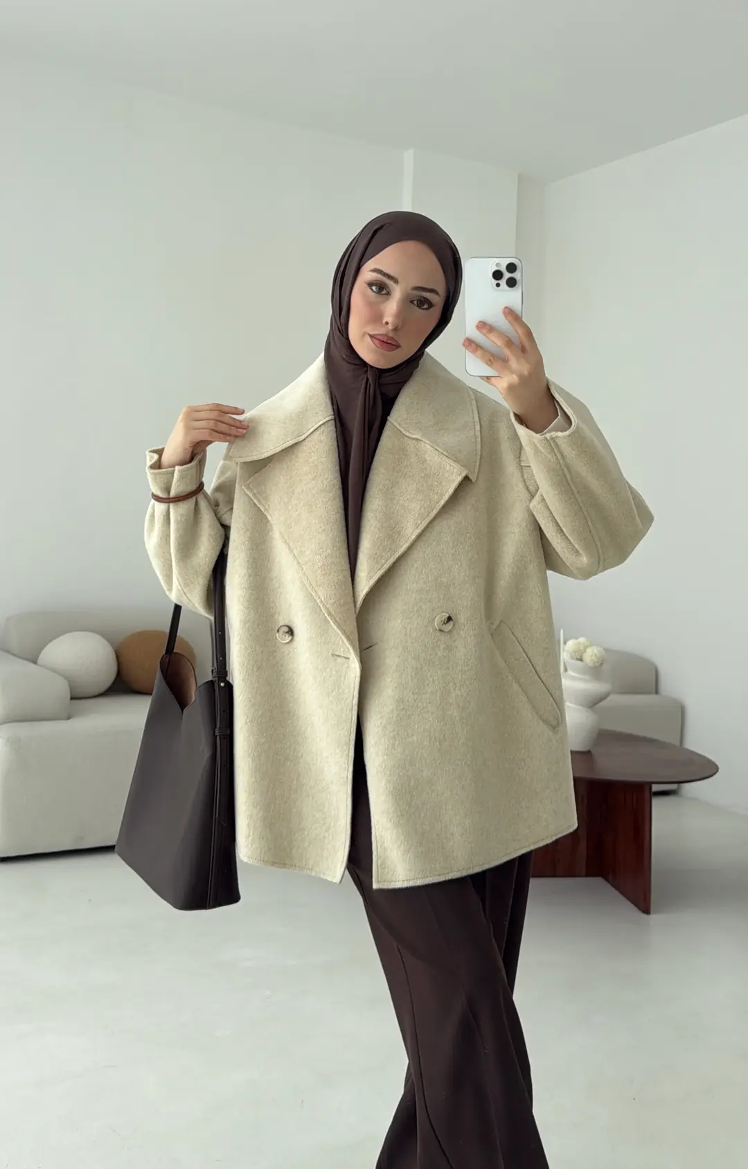 Yumuşak Şal Yaka Kaban Bej - Görsel 10