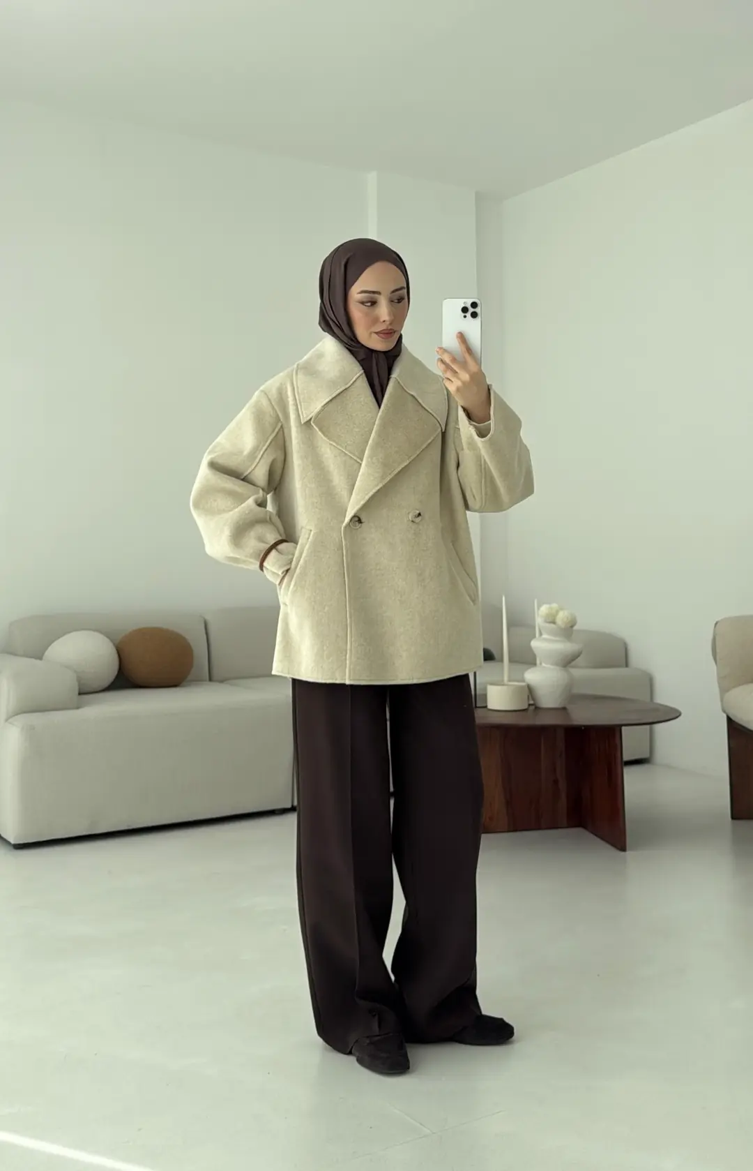 Yumuşak Şal Yaka Kaban Bej - Görsel 3