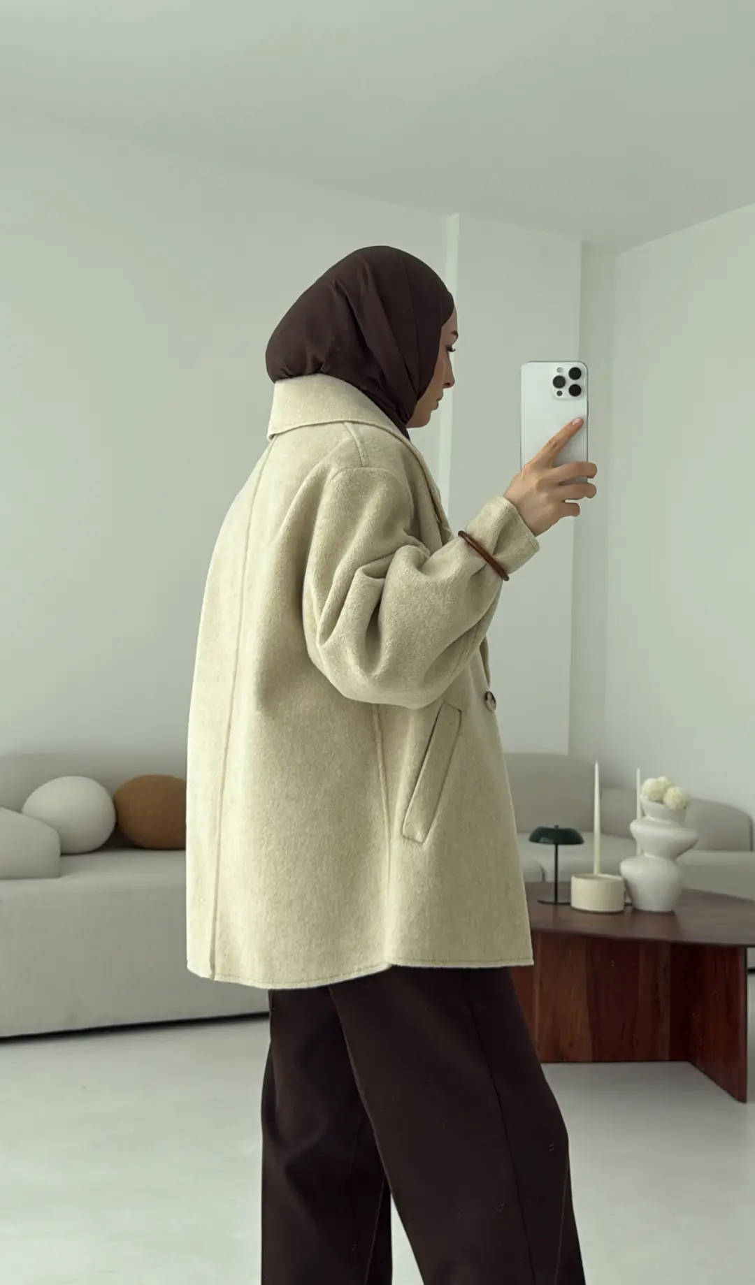 Yumuşak Şal Yaka Kaban Bej - Görsel 5