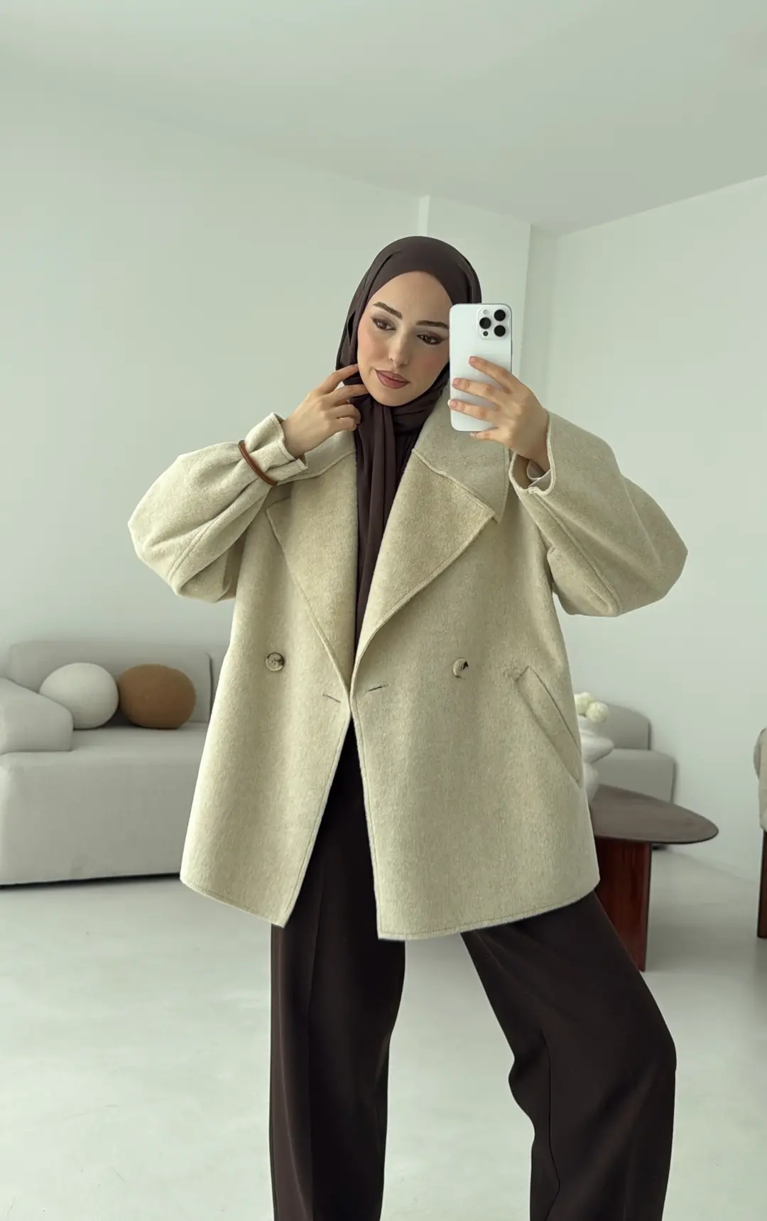 Yumuşak Şal Yaka Kaban Bej - Görsel 7