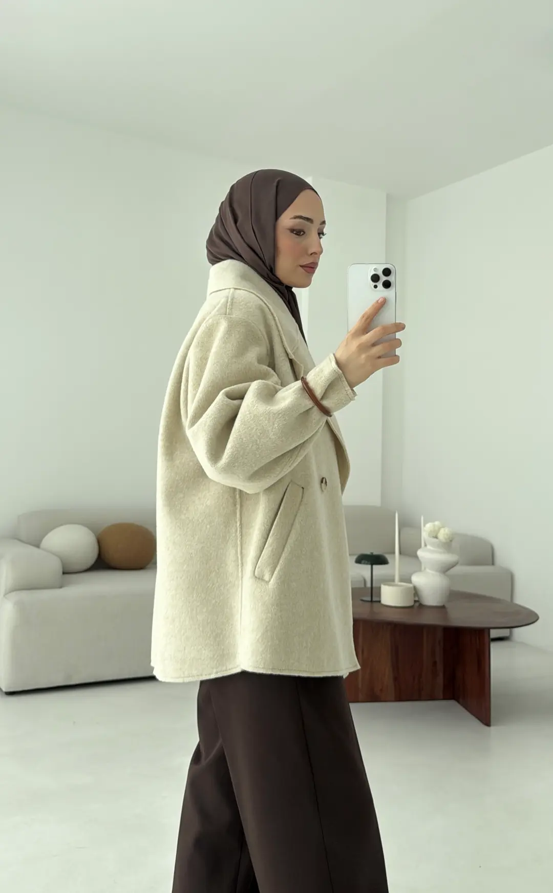 Yumuşak Şal Yaka Kaban Bej - Görsel 9